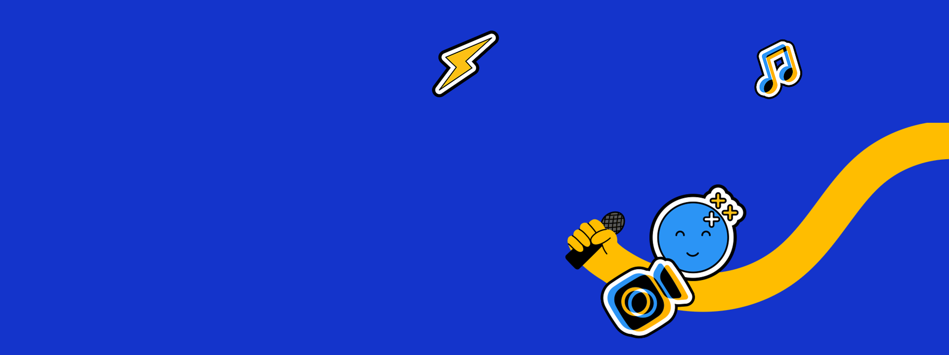 Illustrated character holding a microphone with music notes on a blue and yellow background.