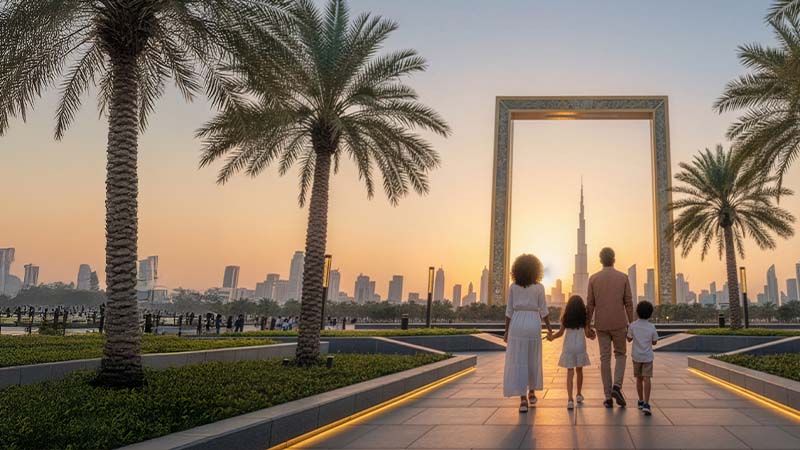 A family of four walks towards the Dubai Frame at sunset, with palm trees and the city skyline, including the Burj Khalifa, visible in the background.