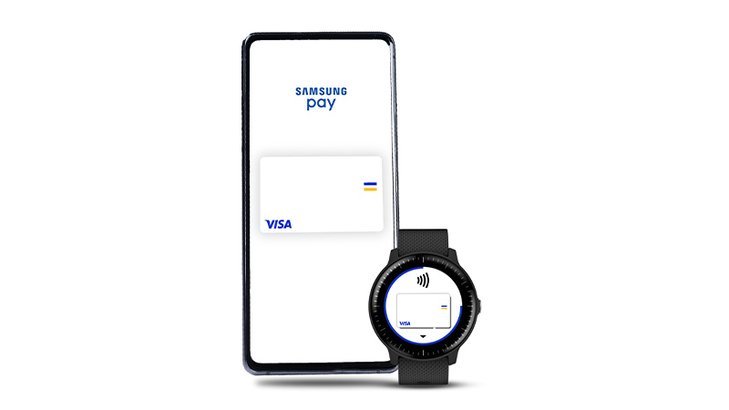 Samsung Pay app with Visa card on smartphone and watch displays