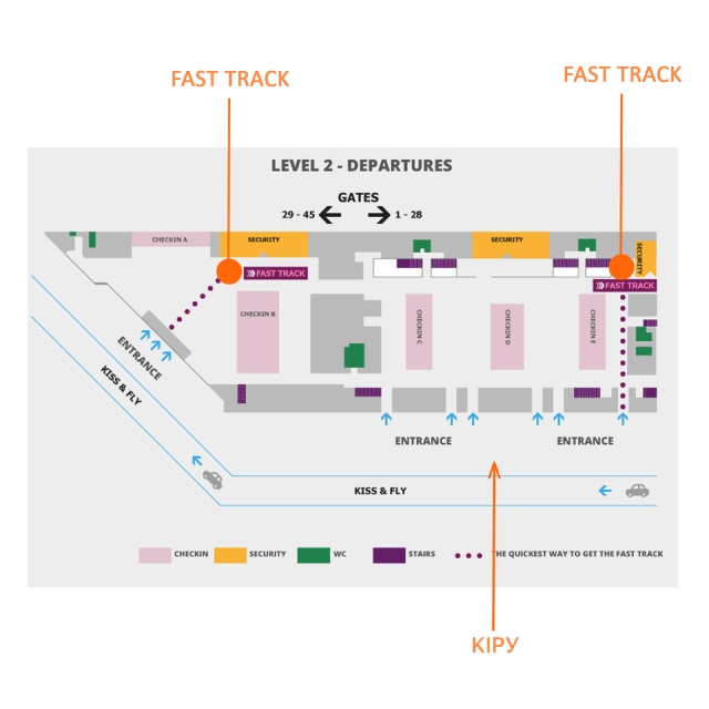 Халықаралық бағытта ұшудың Fast Track сервисі бар Шопен атындағы Варшава халықаралық әуежайының картасы